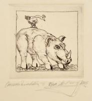 Zé Kovács József (1951-): Orrszarvú és madárka. Rézkarc, papír, jelzett, 6,5×6,5 cm