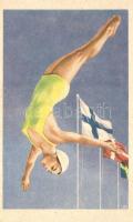 1952 Summer Olympics in Helsinki. Advertisement card with high diving lady
