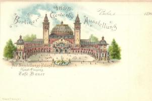 1896 Berlin, Berliner Gewerbe Ausstellung, Der Ausstellungs-Palast, Cafe Bauer. Krüger & Co. / Great Industrial Exposition of Berlin. litho advertisement card