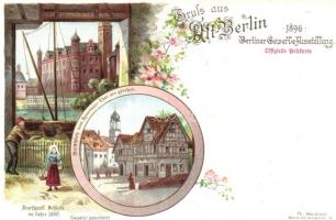 1896 Berlin, Berliner Gewerbe Ausstellung, Marktplatz vom Spandauer Thor aus gesehen, Kurfürstl. Schloss. Th. Wendisch / Great Industrial Exposition of Berlin. Art Nouveau, floral litho advertisement card