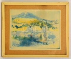 Elekfy Jenő (1895-1968): Hídnál. Színezett rézkarc, papír, foltos, jelzett, üvegezett keretben, 29×38 cm