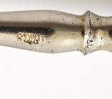 Ezüst (Ag.) nyelű díszes étkészlet: kanál, 2 db villa, halkés, jelzett, különböző méretben