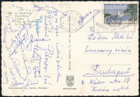 1962 FTC labdarúgói (Rákosi Gyula, Novák Dezső, Albert Flórián, Mészáros József...) által Párizsból küldött képeslap