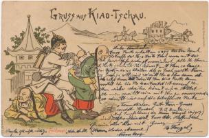 Gruss aus Kiao-Tschau. Feldpost! / Kiautschou Bay concession. Military art postcard. litho
