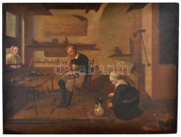 cca 1800 Jelzés nélkül: Cipészműhely. Olaj, fatábla, kis karcolásokkal, 56×75 cm