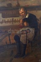 cca 1800 Jelzés nélkül: Cipészműhely. Olaj, fatábla, kis karcolásokkal, 56×75 cm