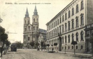 1916 Miskolc, MÁV üzletvezetőség, Mindszenti római katolikus templom, Grosz István üzlete, villamos (EK)