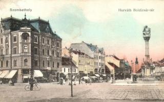 1916 Szombathely, Horváth Boldizsár tér, Szentháromság szobor, árusok, üzletek, kerékpár (EK)