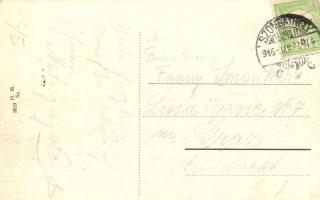 1916 Szombathely, Horváth Boldizsár tér, Szentháromság szobor, árusok, üzletek, kerékpár  (EK)