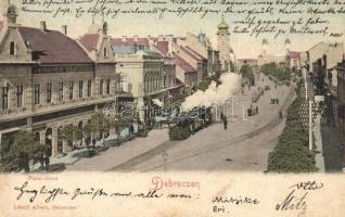1900 Debrecen, Piac utca városi vasúttal, Rogner szálloda, Karancsy Zs. üzlete