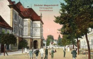 1918 Mosonmagyaróvár, Magyaróvár; Vármegyeház, utcakép kerékpárosokkal. Pingitzer Ignác kiadása