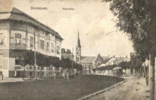 1914 Debrecen, Nap utca, villamos. Divald Károly fia (fl)