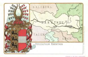 Kärnten, Herzogthum Kärnthen. Deutschs Postkartenverlag / Dukedom of Carinthia. Coat of arms, map, litho
