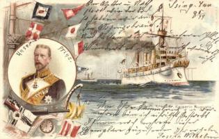 1899 SMS Kreuzer Kaiserin Augusta mit Heinrich von Preussen. Kaiserlichen Marine / Imperial German Navy with Grand Admiral Prince Henry of Prussia. Flags. Kunstanstalt J. Miesler Art Nouveau, litho (EK)