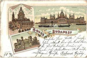 1898 Budapest, Bazilika, Parlament, Országház, gőzhajó, Igazságügyi palota. Art Nouveau, floral, litho (EB)