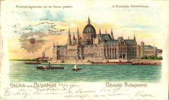 1900 Budapest V. Országház, Parlament, gőzhajó. F. Schmuck Art Nouveau, golden, litho, Emb. sun (EK)