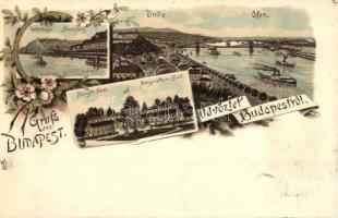 1897 (Vorläufer!) Budapest, Buda, Margit fürdő, Gellérthegy, gőzhajó. Ottmar Zieher Art Nouveau, floral, litho