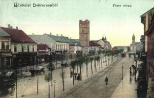 Debrecen, Piac utca, Központi szálloda, kávéház, üzletek, villamos
