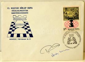 Portisch Lajos és Verőci Zsuzsa aláírása sakk alkalmi bélyegzésű borítékon