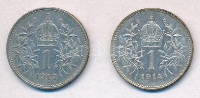 Ausztria 1913-1914. 1K Ag "Ferenc József" (2x) T:2 patina Austria 1913-1914. 1 Corona Ag &...