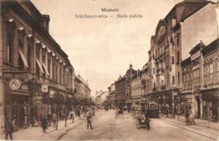 Miskolc, Széchenyi utca, Bank palota, üzletek, villamos (EK)