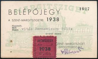 1938 Belépőjegy a Margitszigetre, szárazpecséttel, aláírással, járműjegy bélyegzéssel, 6,5x11 cm