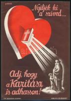 cca 1935 Gönczi-Gebhardt Tibor (1902 - 1994): Nyíljék ki a szíved...Adj hogy a Karitász is adhasson! villamosplakát, Klösz Gy. és Fia, 24x17 cm