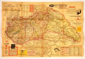 ca 1940 Magyarország autóutai térkép, Stoits György, reklámokkal, helységnévtárral, Bp. Gottlieb, hajtásoknál szakadásokkal, 63x95 cm