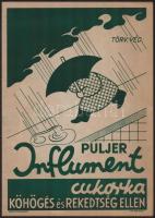 cca 1930 Puljer Influment gyógyszer, cukorka reklám plakát, nagyobb méretű Kincs Lito., 33x23 cm