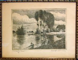 Beregi Vilmos Halászat a Tiszán szignált rézkarc 35x25cm keretben
