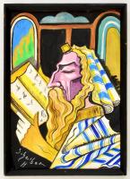 Scheiber jelzéssel: Imádkozó. Vegyes technika, karton, üvegezett keretben, 41×26 cm