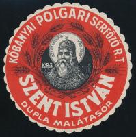 cca 1930 Szent István dupla malátasör, sörcímke, Kőbányai Polgári Serfőző Rt. d: 12,5 cm