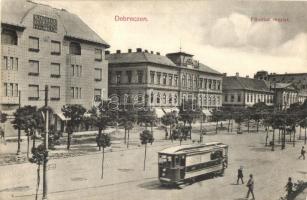 Debrecen, Fő utca, villamos, Alföldi Takarékpénztár, kávéház (EK)