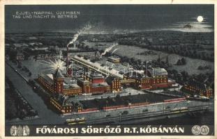 Budapest X. Kőbánya, Fővárosi Sörfőző Rt. este, sörgyár, villamos, reklámlap. Weiss L. és F. (EB)