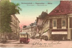 Nagyszeben, Hermannstadt, Sibiu; Heltauergasse. Verlag H. Commerth / Nagydisznódi utca, villamos, üzletek / street view, tram, shops (EK)