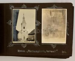 1932-1942 Családi fotóalbum, sok családi képpel, néhány kézzel színezett fotóval, károlyfalvai (Magyarország) részletekkel, több mint 100 beragasztott fotóval