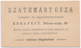 Szathmáry Géza polgári- és egyenruha szabó Budapest Baross utca névjegykártyája