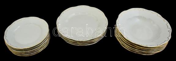 Zsolnay tányér készlet (süteményes (6db), lapos (5 db), mély (6db)) , jelzett, kopott aranyozás, d:18,5-23,5 cm