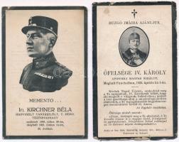 cca 1921-1922 IV. Károly király és ifj. Kirchner Béla tüzérhadnagy emlékkártyái, imákkal, 2 db