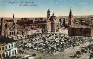 Nagyvárad, Oradea; Szent László tér, Adria üzlet, piac / market square with church and shops (Rb)