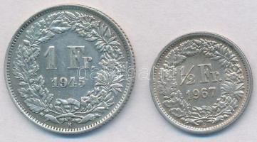 Svájc 1945B 1Fr Ag + 1967B 1/2Fr Ag T:2  Switzerland 1945B 1 Franc Ag + 1967B 1/2 Franc Ag C:XF