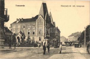 Temesvár, Timisoara; Hunyady út, Református templom, villamos / street view, Calvinist church, tram