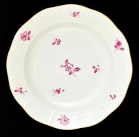 Herendi virágmintás tányér, kézzel festett, jelzett (koronás), kopásokkal, d: 24,5 cm