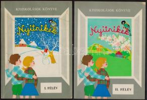 Nyitnikék 1.-2. félév. Szerk. Huszár Tiborné. Rajzolta: Kepes Erzsébet. Kisiskolások könyve. Bp.,1976, RTV-Minerva, (Offset-ny.) Harmadik-Negyedik kiadás. Kiadói papírkötés, a 2. félév felső borító sarkainál sérüléssel, kis hiánnyal.