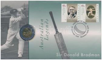 Ausztrália 1997. 5$ Al-Br/rozsdamentes acél Sir Donald Bradman bélyeges borítékban, első napi bélyegzővel T:1 Australia 1997. 5 Dollars Al-Br/Stainless Steel Sir Donald Bradman in envelope with stamps and FDC C:UNC Krause KM#312
