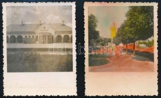 cca 1935 Zamárdi, Balaton, vasútállomás és fő utca, 2 db fotó, egyik kézzel színezett, 7,5×6 cm