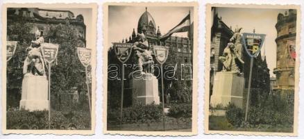 cca 1925 Budapest, Szabadság tér, Irredenta emlékmű, körülötte az elcsatolt erdélyi vármegyék címereivel, 3 db fotó, egyik kézzel színezett, 8×6 cm