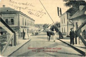 Lippa, Lipova; Főhíd utca, Szálloda és kávéház a Főherceghez, sorompó, magyar zászló. W. L. 3060. / Hauptbrückengasse / street view, hotel and café, barrier, Hungarian flag (kopott sarkak / worn corners)