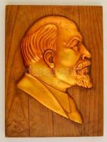 Lenin portré, bronzírózott fémlemez, fa talapzaton, 30×22 cm