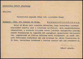 1942 Protestáns tábori püspöki levél a tábori lelkészi szolgálat alapfeltételeiről Soltész Elemér (1874-1957) tábori püspök saját kezű aláírásával, eredeti borítékjában, pecsétekkel, szép állapotban